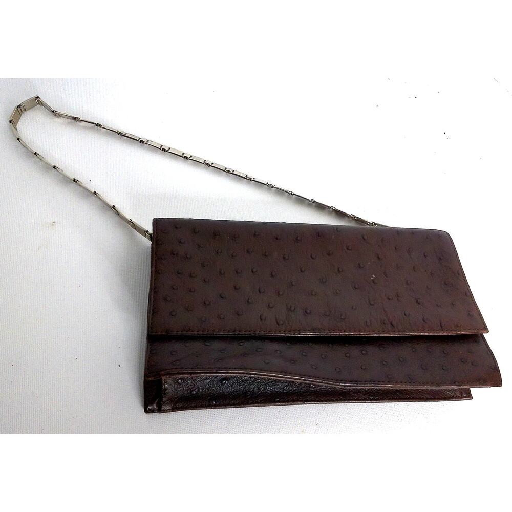 Vintage Etienne Aigner Brown Ostrich Embossed Leather Clutch Bag Chain Strap
